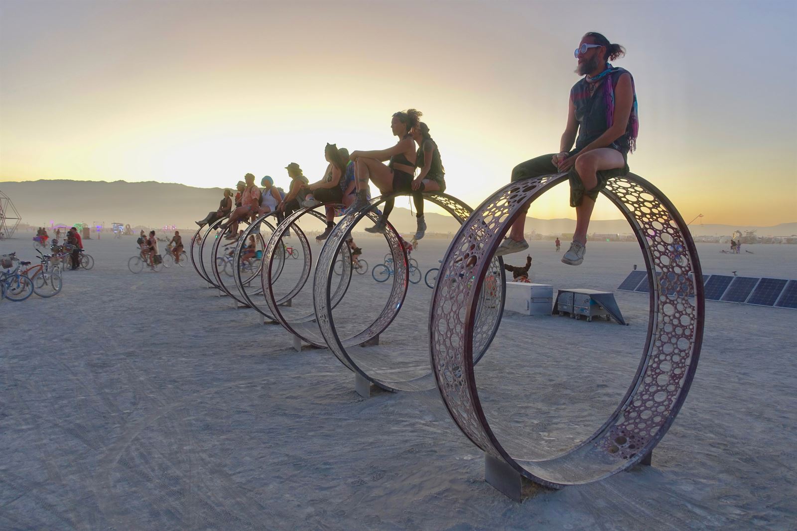 Fire art installation at night on the Black Rock Desert playa at Burning Man