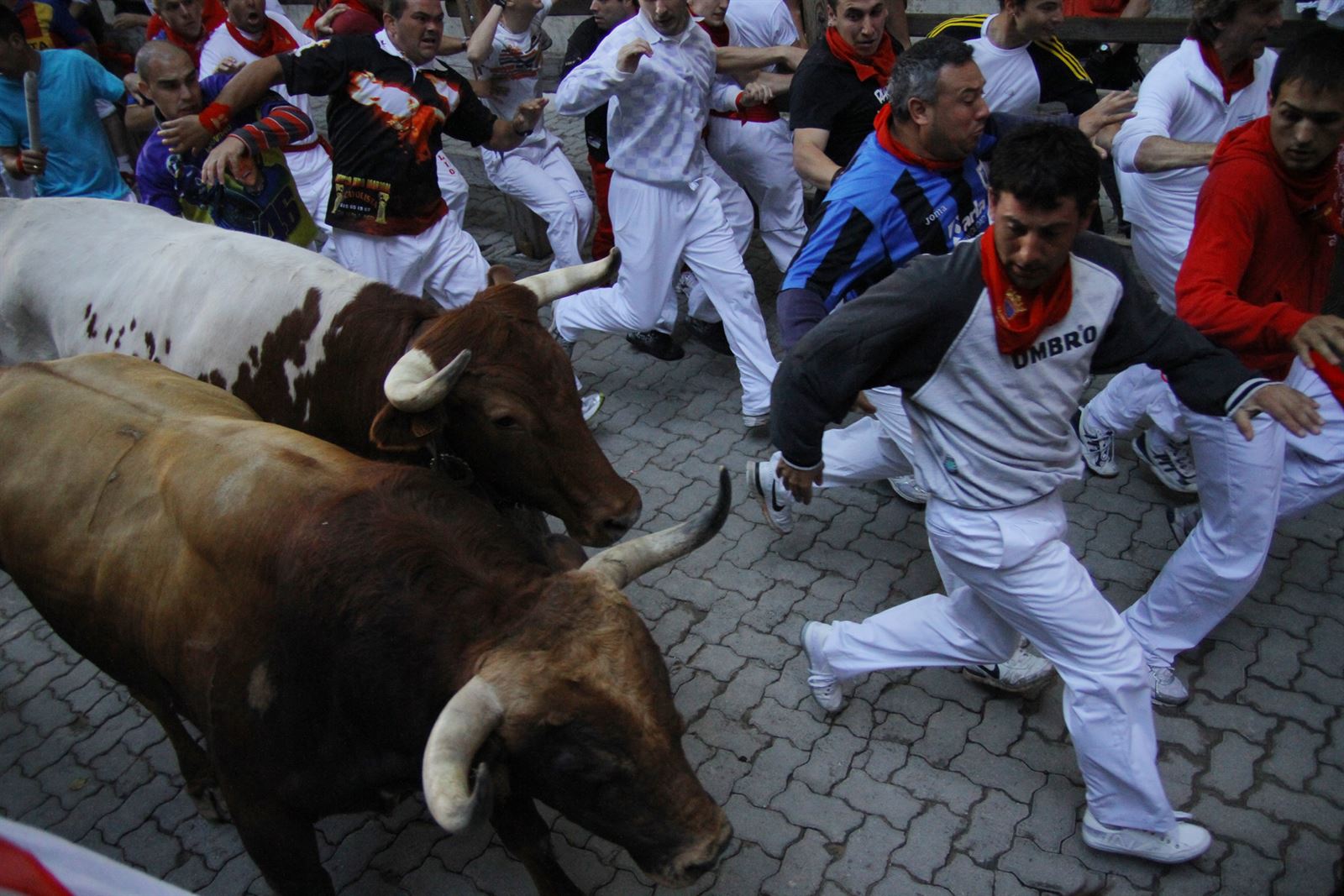 A dense crowd dressed in white with red neckerchiefs fills a Pamplona street during the San Fermin festival