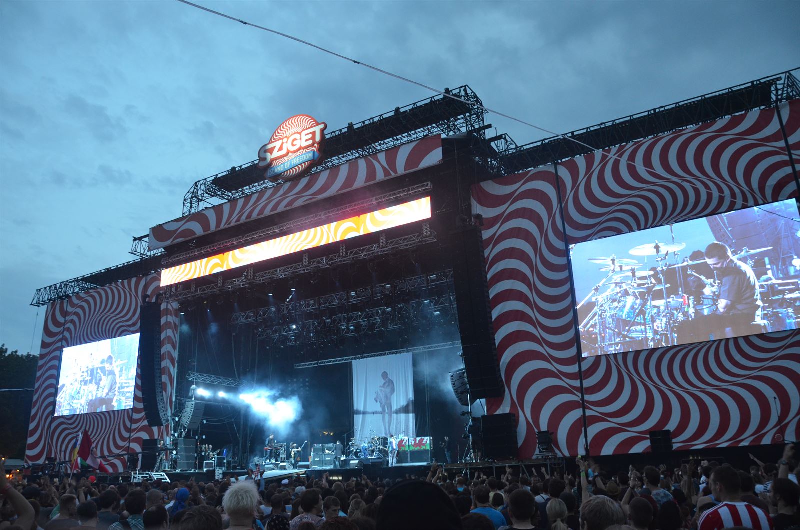 Sziget Festival crowd on the Danube island in Budapest at night