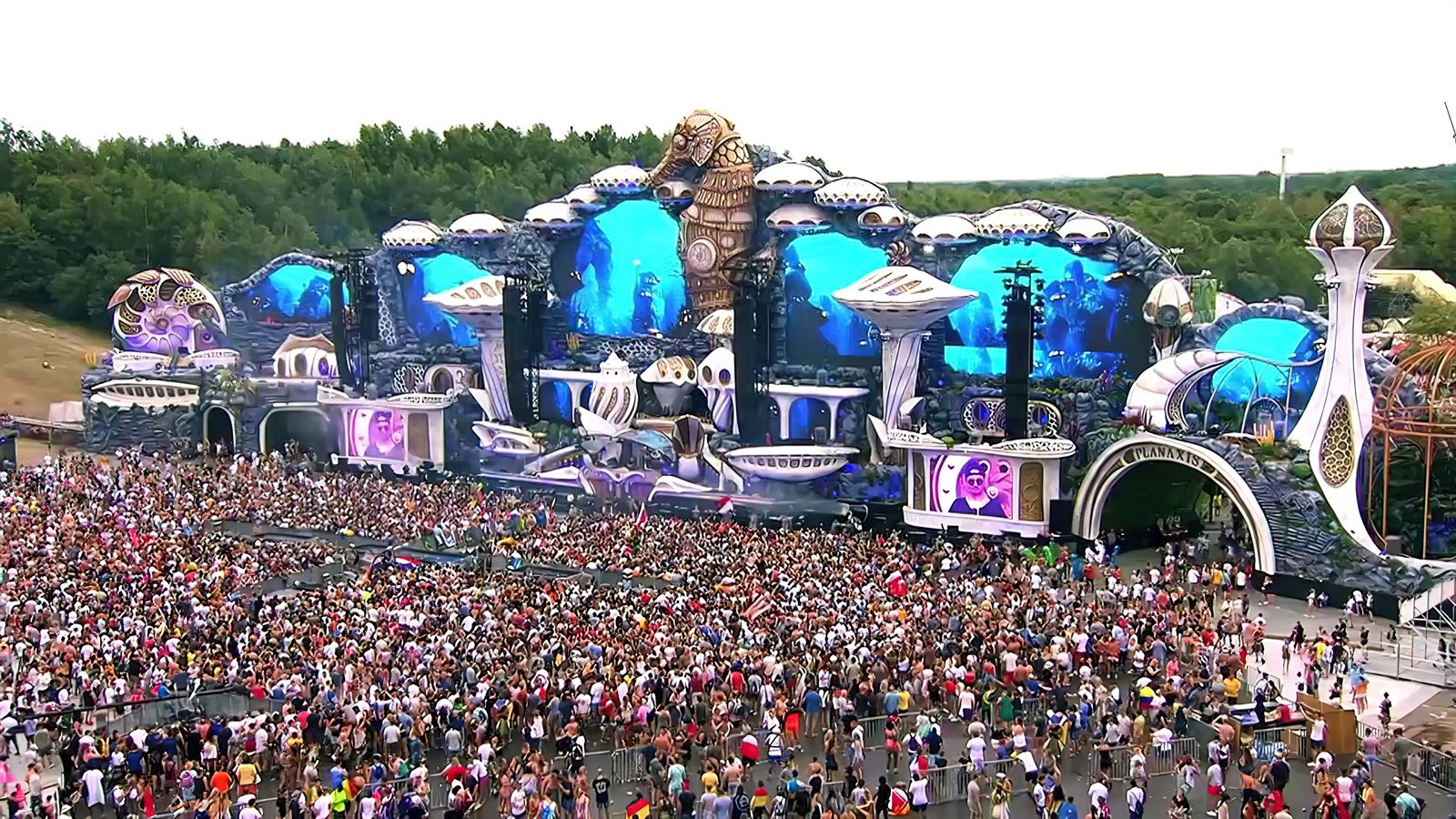 The Tomorrowland main stage lit up at night in Boom, Belgium